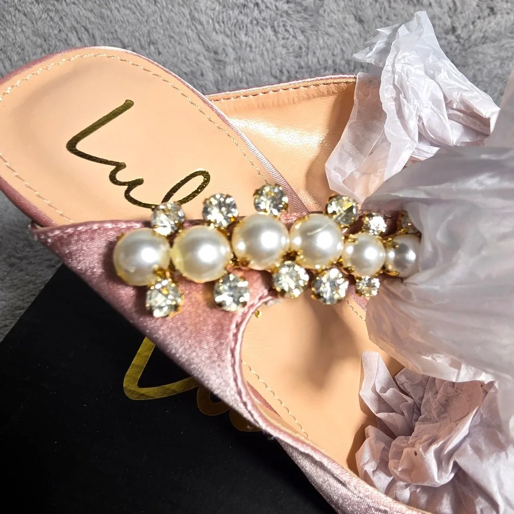 Lulus Sephoraa Rose Gold Pearl Crystal Embellished Pointed Toe Mules Heels 5 NEW - Picture 3 of 5